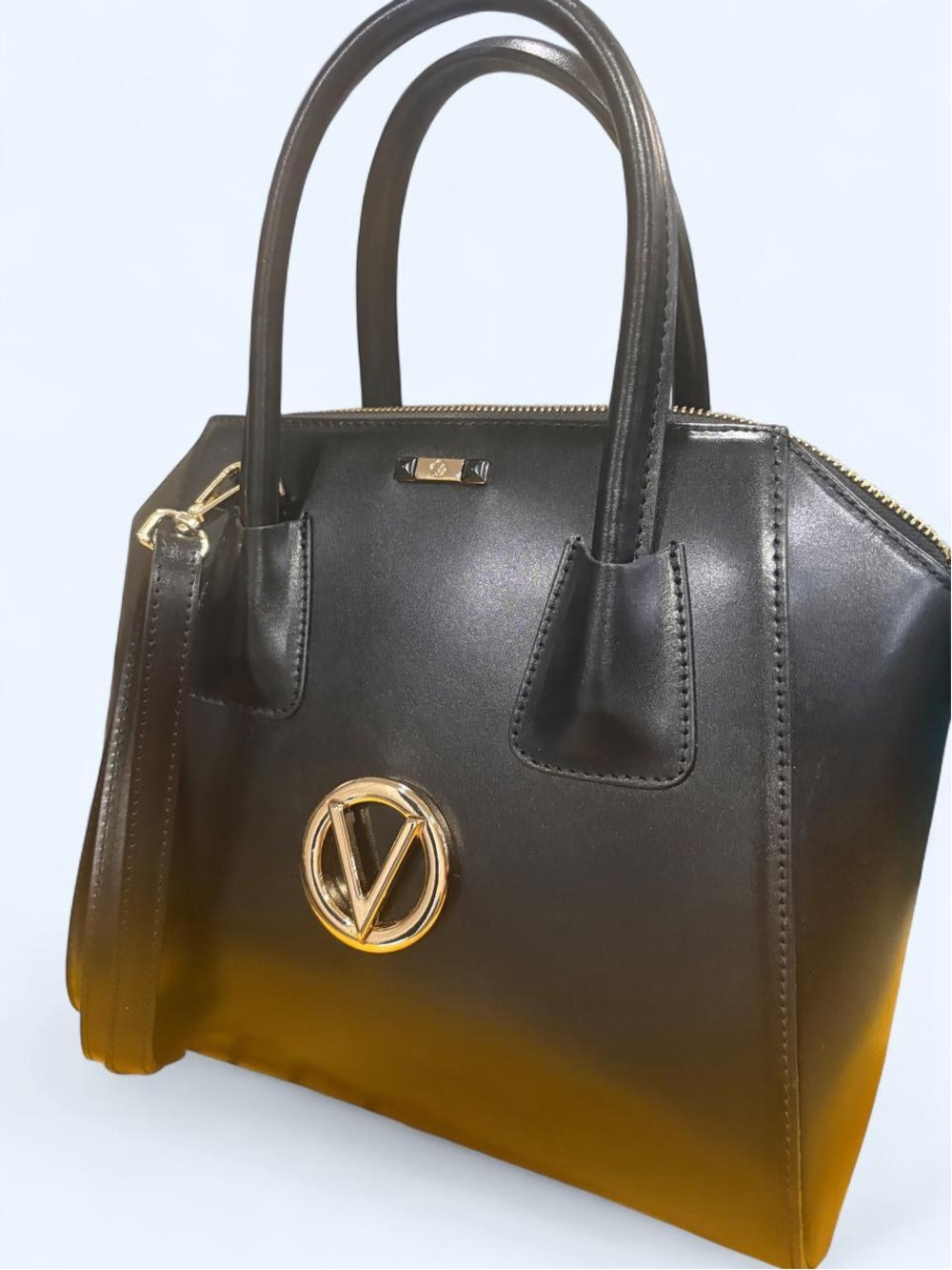 Valentino Milano Logo Black Leather Tote Bag with Gold Hardware